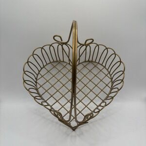 Heart Shaped Gold Tone Metal Wire Basket with Handle 8 Inch